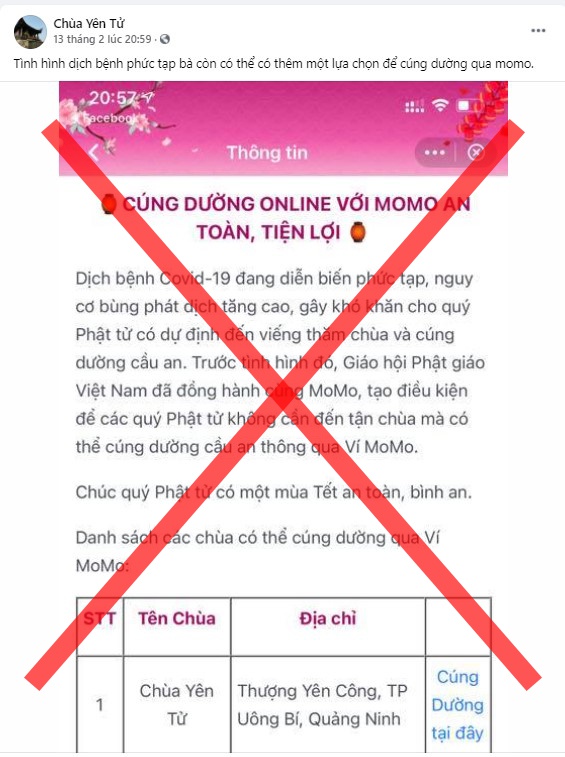 MXH giả mạo Ch&amp;ugrave;a Y&amp;ecirc;n Tử k&amp;ecirc;u gọi c&amp;uacute;ng dường qua momo