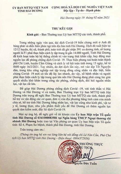 Thư k&amp;ecirc;u gọi của UBMTTQ tỉnh Hải Dương về việc chung tay hỗ trợ tỉnh ph&amp;ograve;ng chống dịch Covid-19