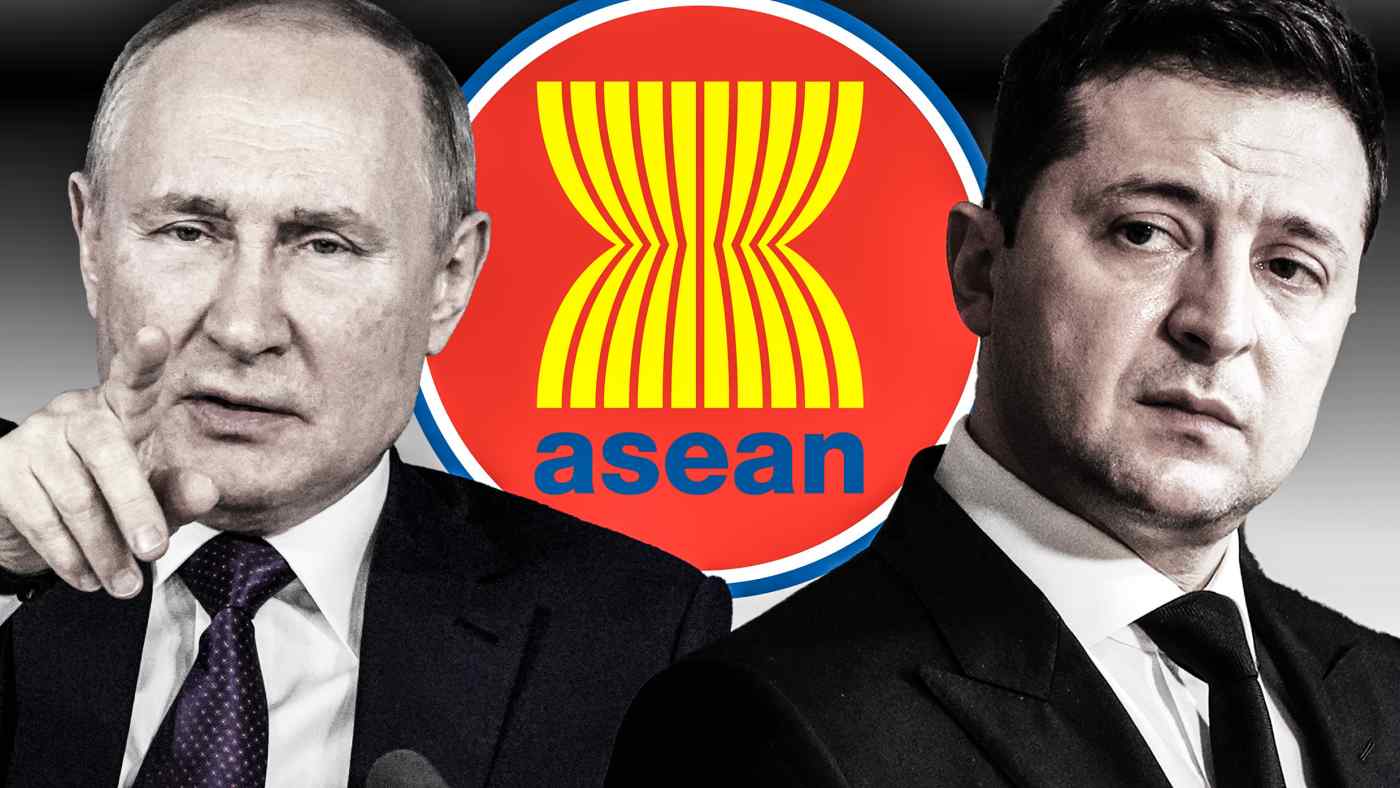 ASEAN bị kẹt giữa Tổng thống Nga Vladimir Putin, tr&amp;aacute;i v&amp;agrave; Tổng thống Ukraine Volodymyr Zelenskyy. C&amp;aacute;c &amp;yacute; kiến ​​trong khối kh&amp;aacute;c nhau, nhưng t&amp;aacute;c động của cuộc xung đột sẽ được cảm nhận bởi tất cả. (Nguồn ảnh AP)