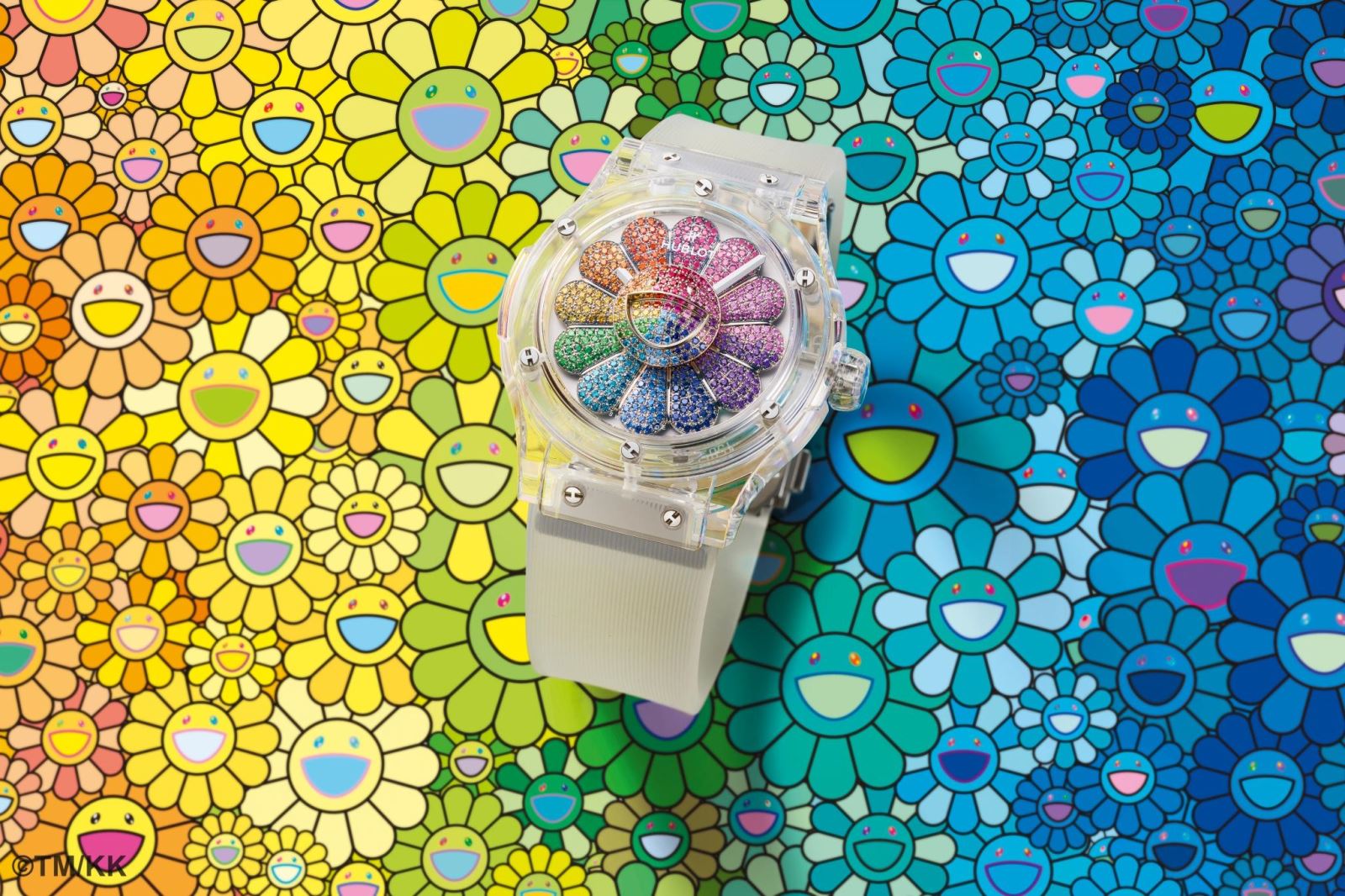 đồng hồ hublot b&amp;ocirc;ng hoa mặt cười kaikai kiki rainbow