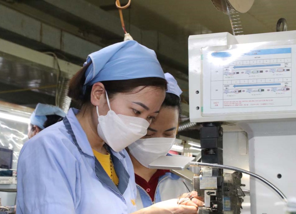 C&amp;ocirc;ng nh&amp;acirc;n C&amp;ocirc;ng ty TNHH Sankoh Việt Nam - khu c&amp;ocirc;ng nghiệp Bờ tr&amp;aacute;i s&amp;ocirc;ng Đ&amp;agrave; (TP Ho&amp;agrave; B&amp;igrave;nh) gia c&amp;ocirc;ng linh kiện điện tử xuất khẩu.