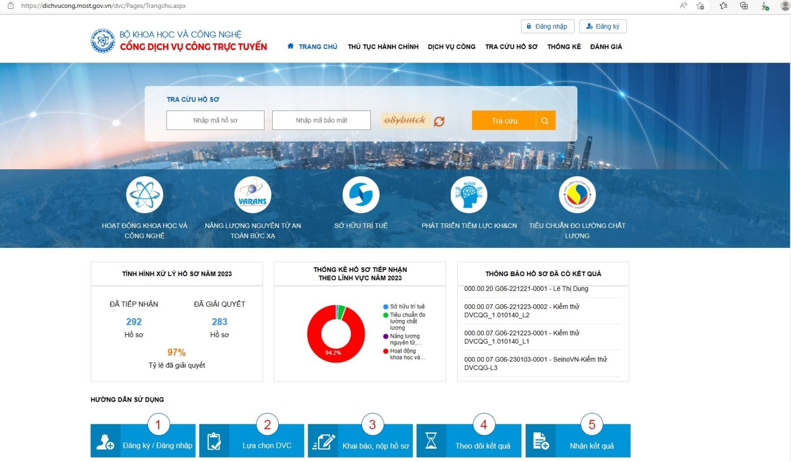 Website tiếp nhận, xử l&amp;yacute; hồ sơ v&amp;agrave; trả kết quả qua Cổng dịch vụ c&amp;ocirc;ng trực tuyến Bộ Khoa học v&amp;agrave; C&amp;ocirc;ng nghệ