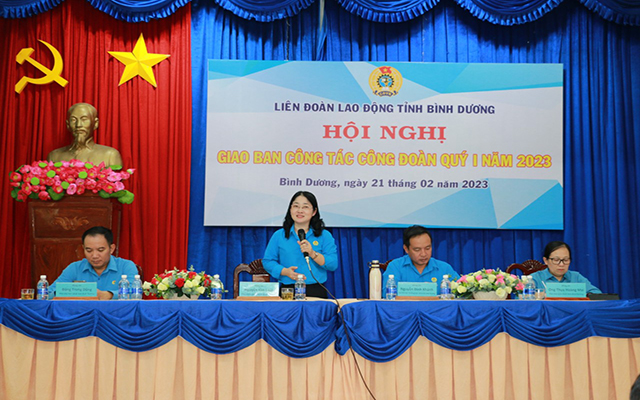 B&amp;agrave; Nguyễn Kim Loan- Chủ tịch LĐLĐ tỉnh B&amp;igrave;nh Dương ph&amp;aacute;t biểu