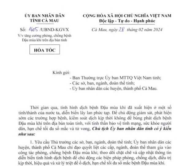 Văn bản chỉ đạo hỏa tốc về ph&amp;ograve;ng dịch bệnh Đậu m&amp;ugrave;a khỉ của Chủ tịch UBND tỉnh C&amp;agrave; Mau.