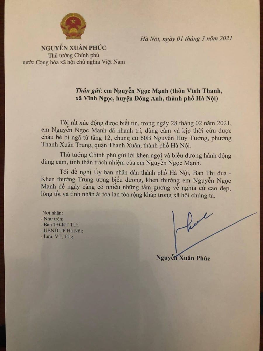 Thủ tướng Ch&amp;iacute;nh phủ gửi lời khen ngợi v&amp;agrave; biểu dương h&amp;agrave;nh động dũng cảm, tinh thần tr&amp;aacute;ch nhiệm của em Nguyễn Ngọc Mạnh