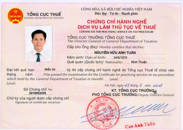 Chứng chỉ h&amp;agrave;nh nghề dịch vụ l&amp;agrave;m thủ tục về thuế