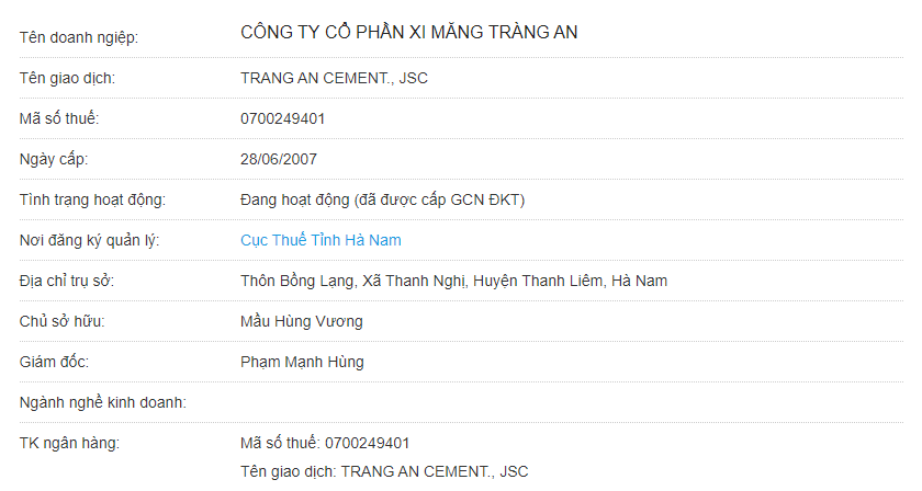 C&amp;ocirc;ng ty CP Xi măng Tr&amp;agrave;ng An đứng đầu danh s&amp;aacute;ch nợ thuế tại H&amp;agrave; Nam