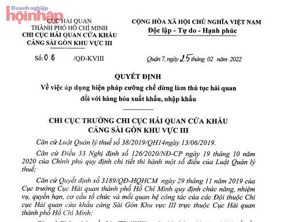 Quyết định số 06/QĐ-KVIII ng&amp;agrave;y 25/2/2022 của Chi cục Hải quan cửa khẩu Cảng S&amp;agrave;i G&amp;ograve;n khu vực III