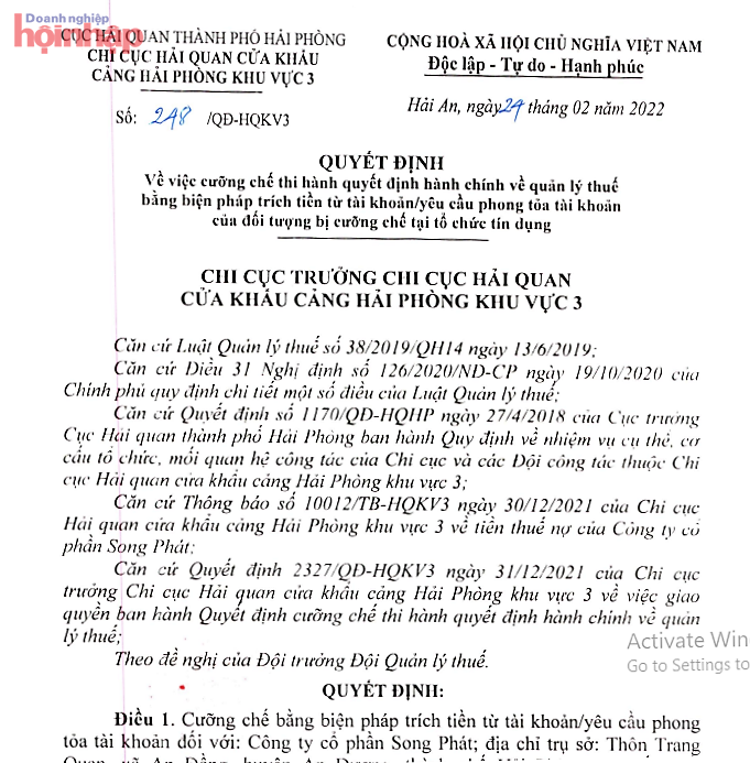 Quyết định cưỡng chế thuế đối với C&amp;ocirc;ng ty CP Song Ph&amp;aacute;t