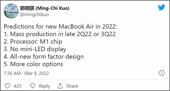 Ming-Chi Kuo đ&amp;atilde; đăng tải tr&amp;ecirc;n Twitter