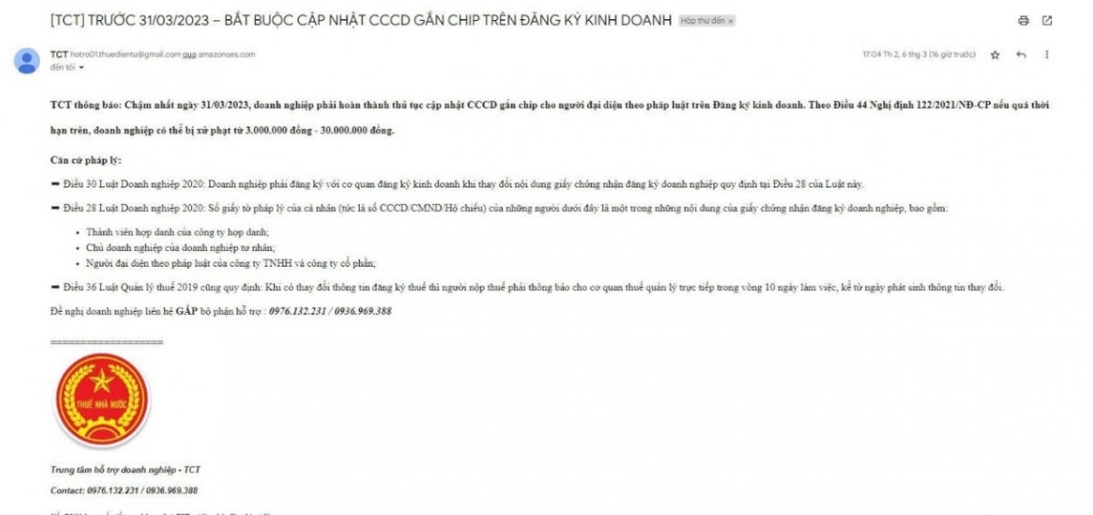 Email mời ch&amp;agrave;o sử dụng dịch vụ cập nhật th&amp;ocirc;ng tin CCCD