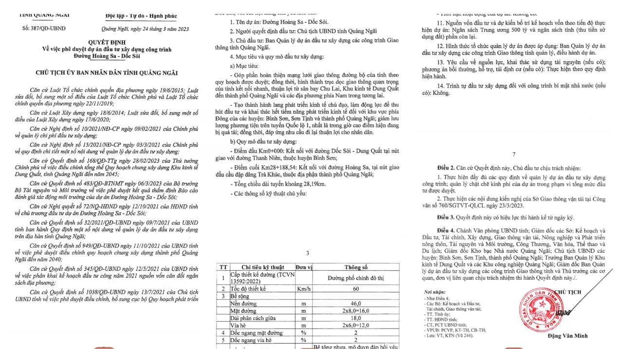 Chủ tịch UBND tỉnh Đặng Văn Minh vừa k&amp;yacute; Quyết định số 387/QĐ-UBND về việc ph&amp;ecirc; duyệt dự &amp;aacute;n đầu tư x&amp;acirc;y dựng c&amp;ocirc;ng tr&amp;igrave;nh Đường Ho&amp;agrave;ng Sa - Dốc Sỏi với tổng mức đầu tư 3.500 tỷ đồng