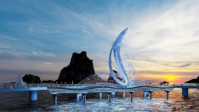 Phối cảnh phương &amp;aacute;n 1: C&amp;aacute;nh thuyền v&amp;agrave; con biển. &amp;Yacute; tưởng được c&amp;aacute;ch điệu h&amp;oacute;a bởi h&amp;igrave;nh tượng con thuyền căng buồm kh&amp;aacute;m ph&amp;aacute; cảnh quan kỳ vỹ của vịnh Hạ Long.