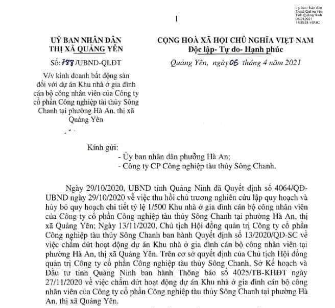 UBND Thị x&amp;atilde; Quảng Y&amp;ecirc;n ra th&amp;ocirc;ng b&amp;aacute;o số 788/UBND-QLĐT về việc cảnh b&amp;aacute;o người d&amp;acirc;n li&amp;ecirc;n quan đến dự &amp;aacute;n Khu nh&amp;agrave; ở c&amp;aacute;n bộ c&amp;ocirc;ng nh&amp;acirc;n vi&amp;ecirc;n của C&amp;ocirc;ng ty CP C&amp;ocirc;ng nghi&amp;ecirc;n t&amp;agrave;u thủy S&amp;ocirc;ng Chanh đ&amp;atilde; bị thu hồi tại địa phương