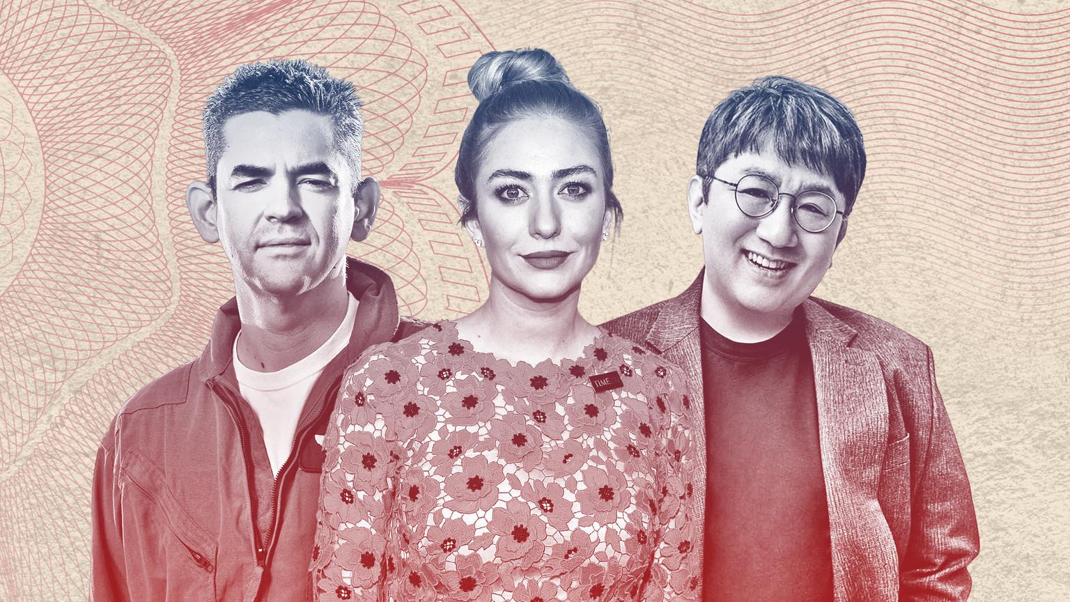 Từ tr&amp;aacute;i sang phải l&amp;agrave; c&amp;aacute;c tỷ ph&amp;uacute;: Jared Isaacman, Whitney Wolfe Herd, Bang Shi-hyuk