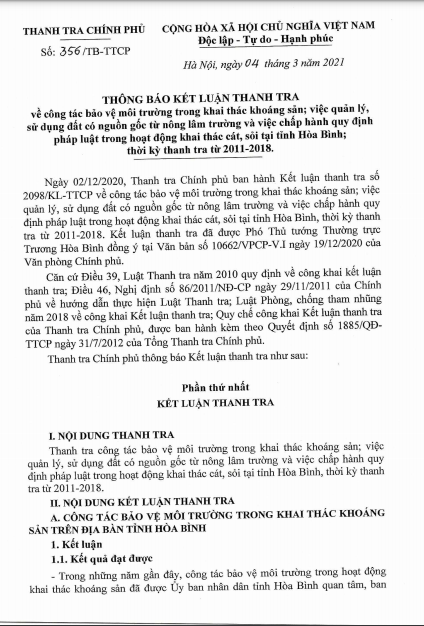 Th&amp;ocirc;ng b&amp;aacute;o kết luận của Thanh tra Ch&amp;iacute;nh phủ