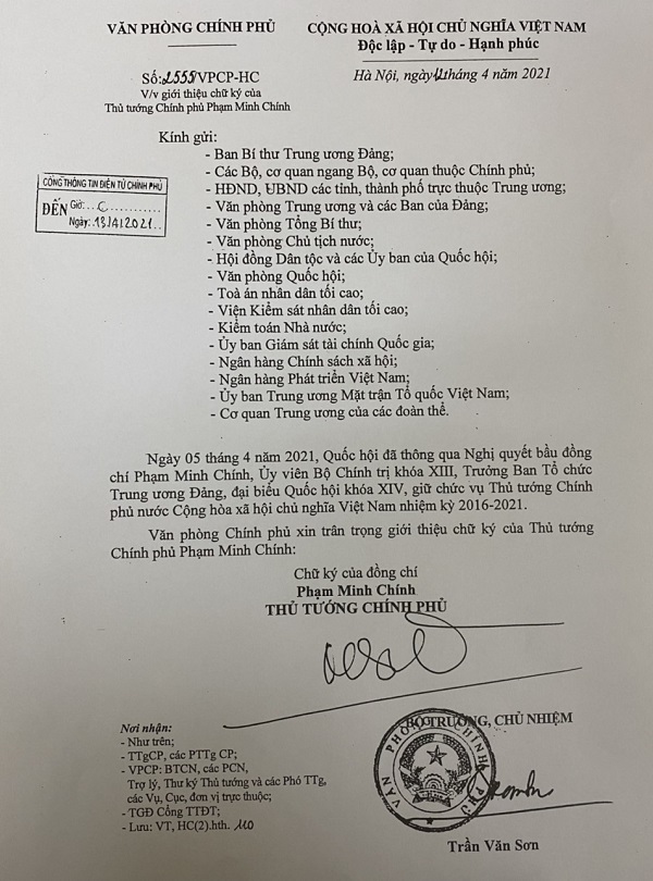 Văn bản giới thiệu chữ k&amp;yacute; của Thủ tướng Ch&amp;iacute;nh phủ Phạm Minh Ch&amp;iacute;nh