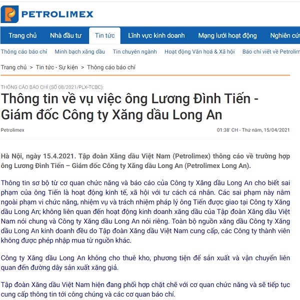 Th&amp;ocirc;ng c&amp;aacute;o b&amp;aacute;o ch&amp;iacute; của Tập đo&amp;agrave;n Xăng dầu Việt Nam (Petrolimex)