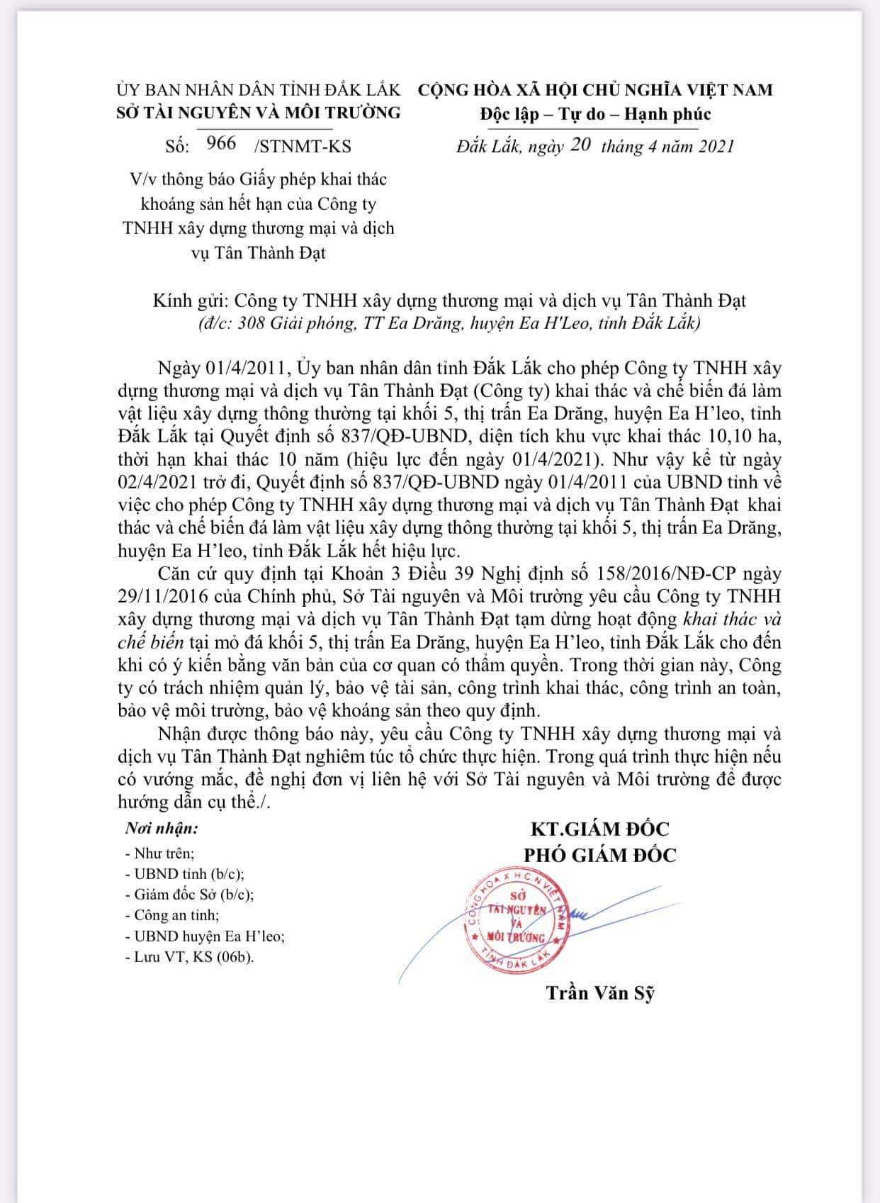 Văn bản Sở TN&amp;amp;MT Đắk Lắk y&amp;ecirc;u cầu C&amp;ocirc;ng ty T&amp;acirc;n Th&amp;agrave;nh Đạt dừng hoạt động khai th&amp;aacute;c, chế biến đ&amp;aacute;.