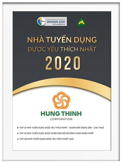 Chứng nhận Tập đo&amp;agrave;n Hưng Thịnh được vinh danh trong Top Nh&amp;agrave; tuyển dụng được y&amp;ecirc;u th&amp;iacute;ch năm 2020 do CareerBuilder Việt Nam c&amp;ocirc;ng bố