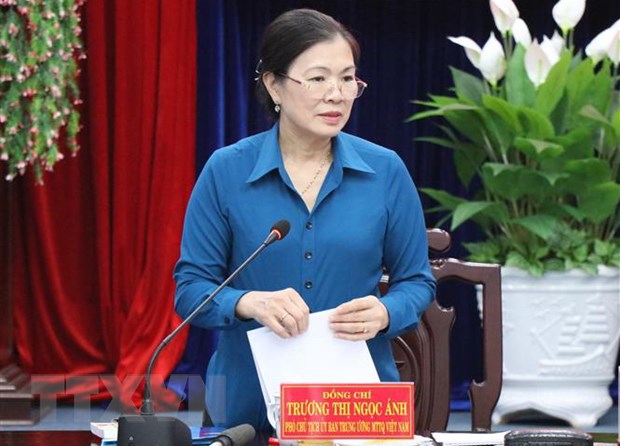 B&amp;agrave; Trương Thị Ngọc &amp;Aacute;nh - Ph&amp;oacute; Chủ tịch Ủy ban Trung ương MTTQ Việt Nam ph&amp;aacute;t biểu tại buổi l&amp;agrave;m việc