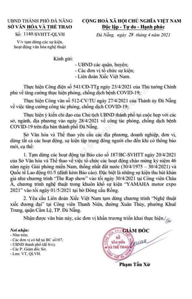 Văn bản chỉ đạo dừng lễ hội của Đ&amp;agrave; Nẵng.