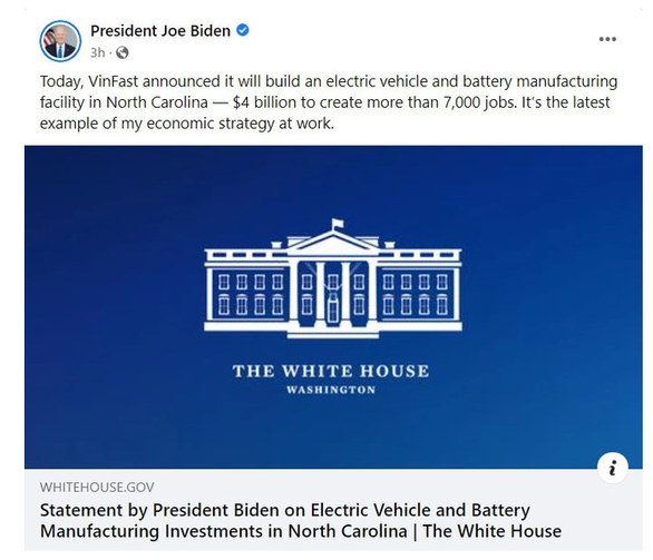 T&amp;agrave;i khoản Facebook v&amp;agrave; Twitter của Tổng thống Biden chia sẻ th&amp;ocirc;ng tin VinFast x&amp;acirc;y dựng nh&amp;agrave; m&amp;aacute;y sản xuất pin v&amp;agrave; &amp;ocirc; t&amp;ocirc; điện ở bang North Carolina của Mỹ