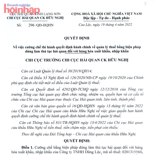 Quyết định cưỡng chế đối với C&amp;ocirc;ng ty TNHH Dũng Lộc