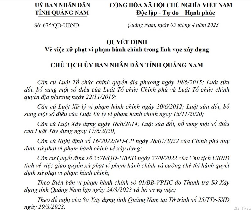UBND tỉnh Quảng Nam vừa ban h&amp;agrave;nh Quyết định số 675 về việc xử phạt vi phạm h&amp;agrave;nh ch&amp;iacute;nh trong lĩnh vực x&amp;acirc;y dựng c&amp;ocirc;ng tr&amp;igrave;nh kh&amp;ocirc;ng c&amp;oacute; giấy ph&amp;eacute;p tại dự &amp;aacute;n Khu du lịch tại phường Điện Dương, thị x&amp;atilde; Điện B&amp;agrave;n