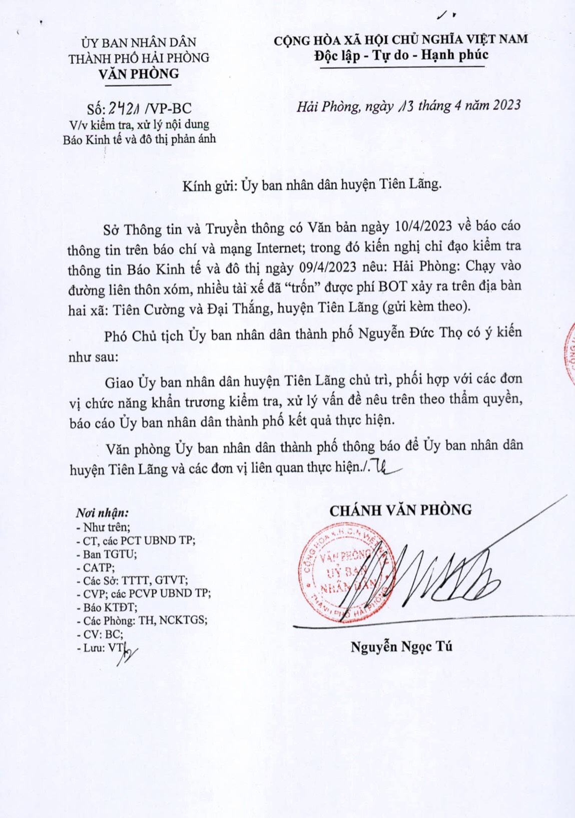 C&amp;ocirc;ng văn VV kiểm tra, xử l&amp;yacute; nội dung B&amp;aacute;o Kinh tế v&amp;agrave; đ&amp;ocirc; thị phản &amp;aacute;nh
