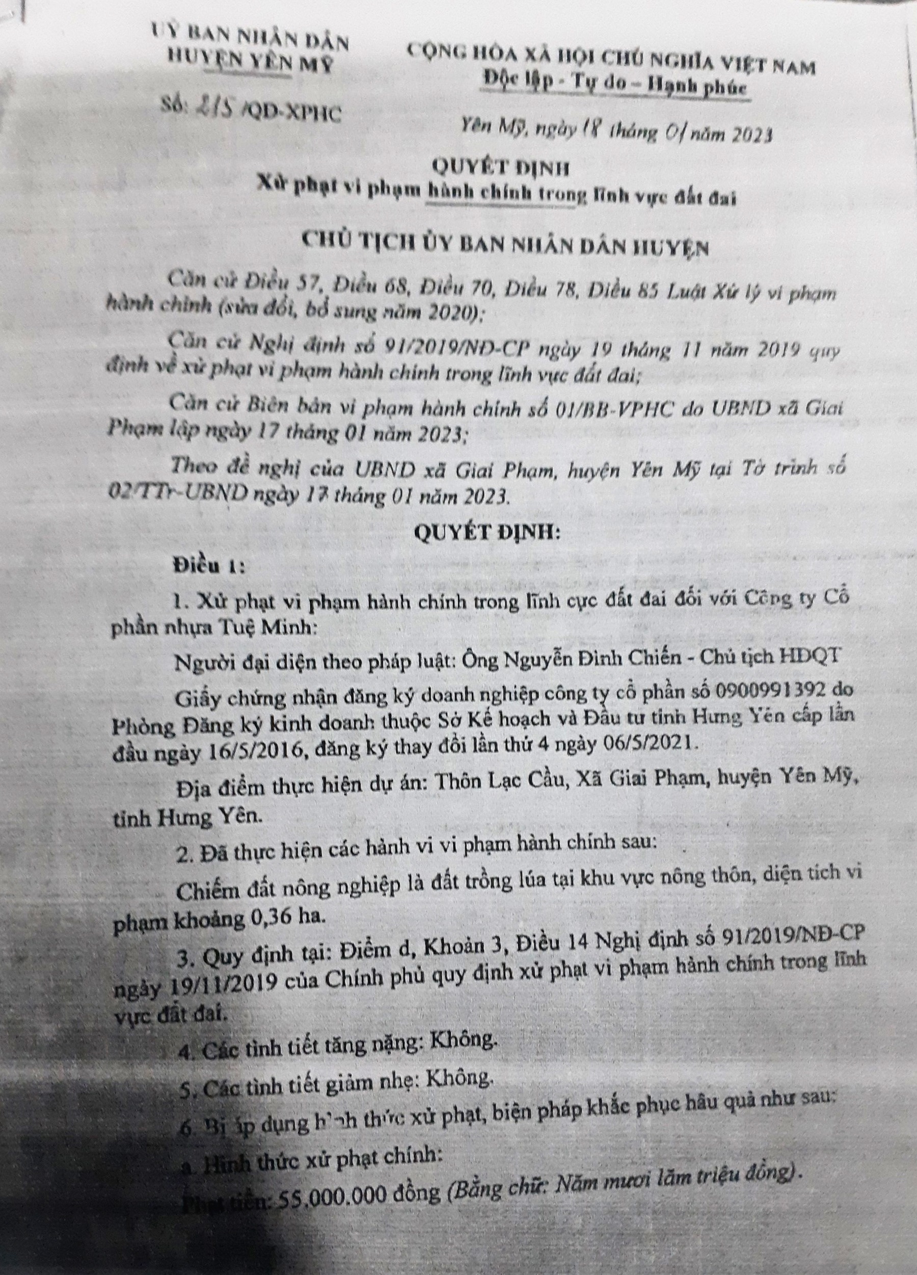 Quyết định xử phạt h&amp;agrave;nh ch&amp;iacute;nh trong lĩnh vực đất đai đối với C&amp;ocirc;ng ty cổ phần nhựa Tuệ Minh