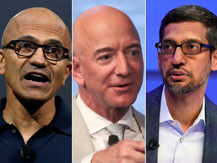 CEO của ba g&amp;atilde; khổng lồ đ&amp;aacute;m m&amp;acirc;y, Satya Nadella của Microsoft, Jeff Bezos của Amazon v&amp;agrave; Sundar Pichai của Google, đều b&amp;aacute;o c&amp;aacute;o thu nhập khủng trong tuần n&amp;agrave;y, nhờ động lực của đ&amp;aacute;m m&amp;acirc;y. Lucas Jackson / Reuters, Charles Krupa / Ảnh AP, Denis Balibouse / Reuters