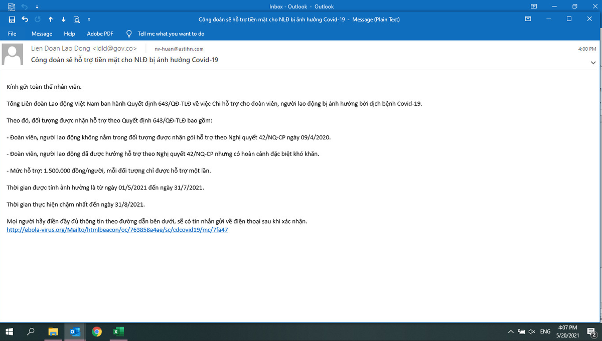 Email giả mạo k&amp;egrave;m đường link c&amp;oacute; chứa m&amp;atilde; độc, lấy cắp th&amp;ocirc;ng tin c&amp;aacute; nh&amp;acirc;n được gửi đến c&amp;ocirc;ng đo&amp;agrave;n cơ sở một doanh nghiệp tr&amp;ecirc;n địa b&amp;agrave;n th&amp;agrave;nh phố H&amp;agrave; Nội.
