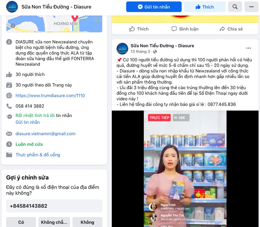 Sữa non Diasure được quảng c&amp;aacute;o tr&amp;ecirc;n mạng x&amp;atilde; hội facebook với hiệu quả như một loai thuốc chữa bệnh