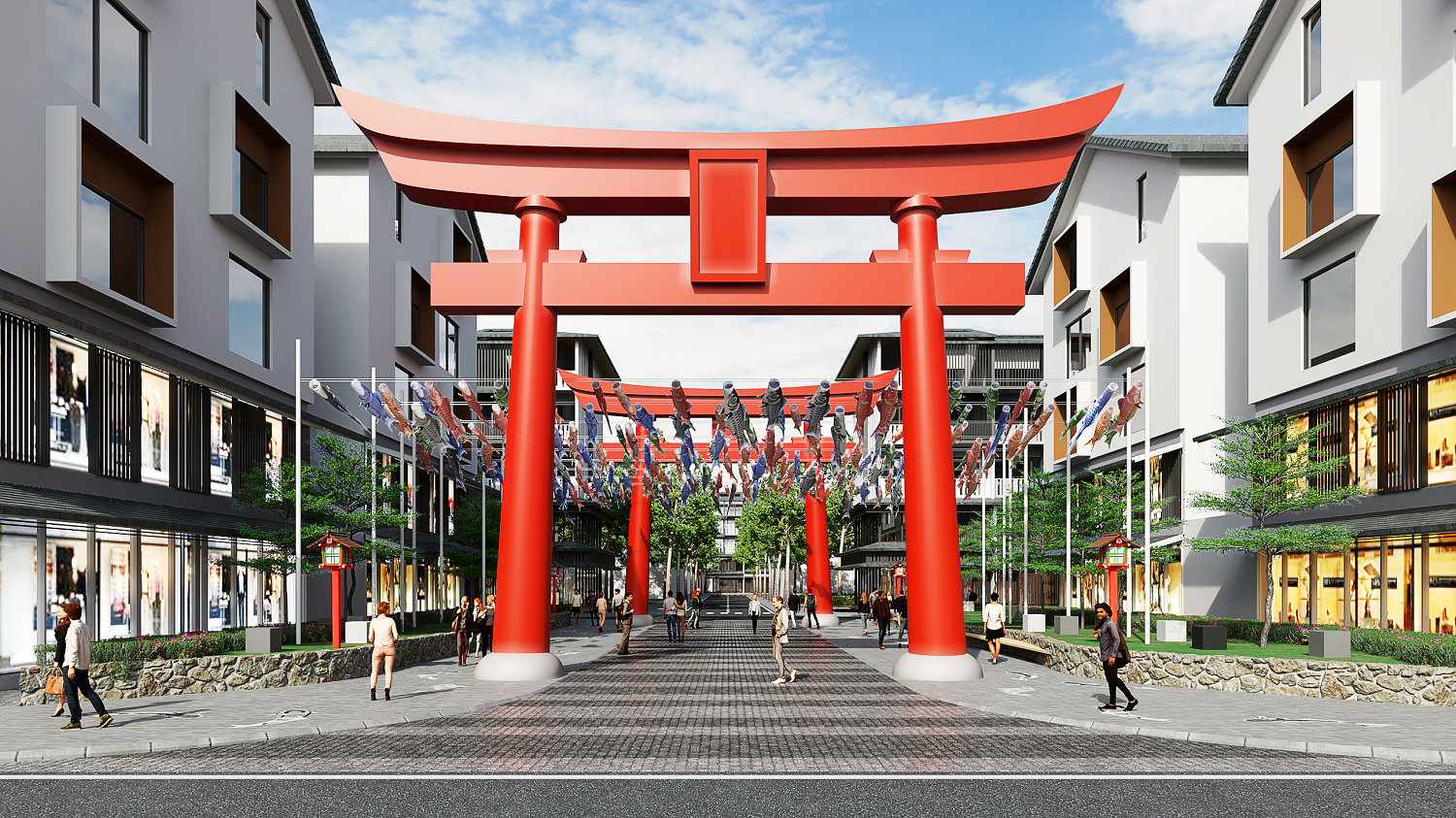 Biểu tượng cổng Torii, con đường cờ c&amp;aacute; ch&amp;eacute;p&amp;hellip; tại ph&amp;acirc;n khu Koto. Ảnh phối cảnh minh họa