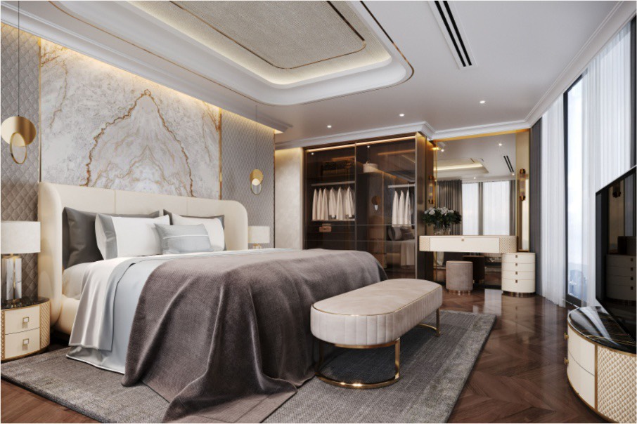 Các căn hộ được sử dụng họa tiết đường line dát vàng, vân đá tự nhiên với màu sắc trung tính, thể hiện sự giàu có tinh tế và thời thượng. Các căn hộ được sử dụng họa tiết đường line dát vàng, vân đá tự nhiên với màu sắc trung tính, thể hiện sự giàu có tinh tế và thời thượng.