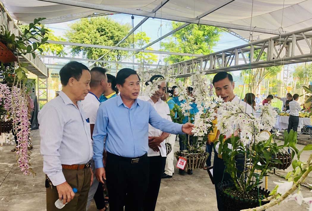 Ph&amp;oacute; Chủ tịch UBND tỉnh H&amp;ograve;a B&amp;igrave;nh Đinh C&amp;ocirc;ng Sứ c&amp;ugrave;ng c&amp;aacute;c đại biểu thăm quan c&amp;aacute;c gian h&amp;agrave;ng tại triển l&amp;atilde;m.