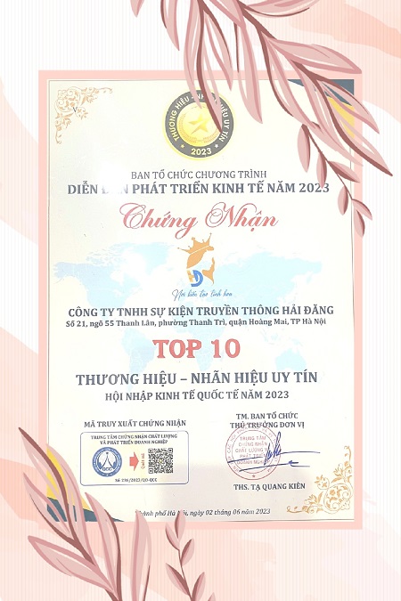 Giấy chứng nh&amp;acirc;n TOP 10 Thương hiệu &amp;ndash; nh&amp;atilde;n hiệu uy t&amp;iacute;n Hội nhập kinh tế quốc tế năm 2023