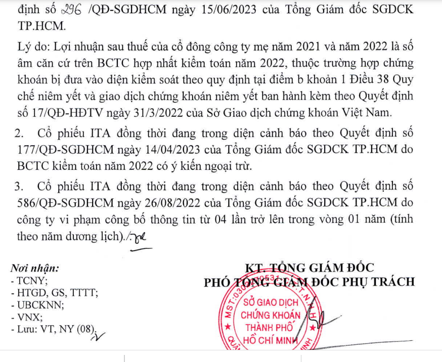 Th&amp;ocirc;ng b&amp;aacute;o về việc xử l&amp;yacute; vi phạm đối với cổ phiếu ITA