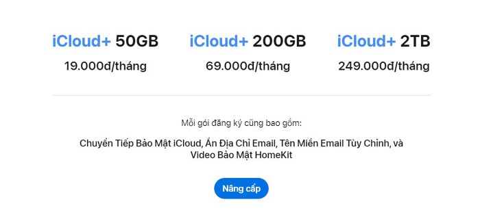 Mức gi&amp;aacute; mới đối với c&amp;aacute;c dịch vụ iCloud+ tại Việt Nam. (Ảnh: Apple).
