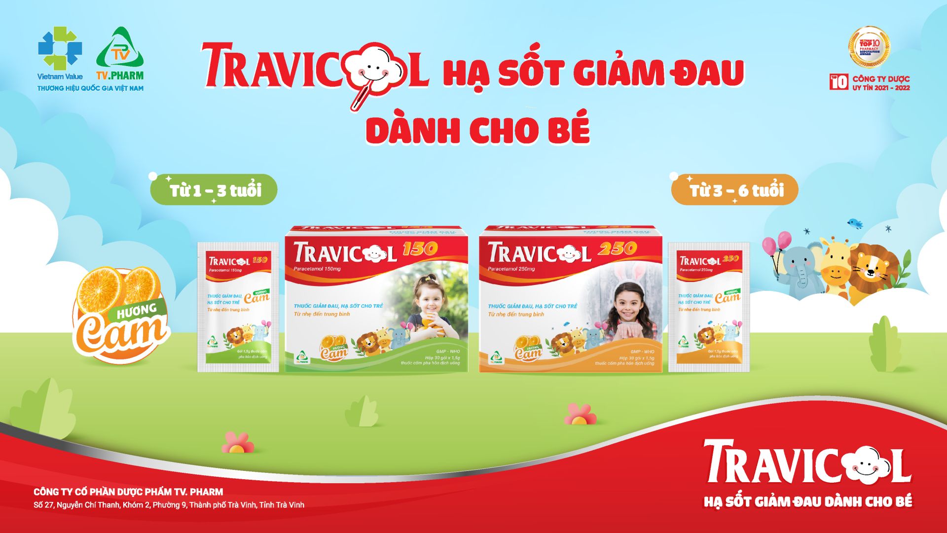Thuốc hạ sốt giảm đau d&amp;agrave;nh cho b&amp;eacute; Travicol 150 &amp;amp; 250 được sản xuất bởi C&amp;ocirc;ng ty Cổ phần Dược phẩm TV.PHARM &amp;ndash; Top 10 C&amp;ocirc;ng ty Dược uy t&amp;iacute;n.