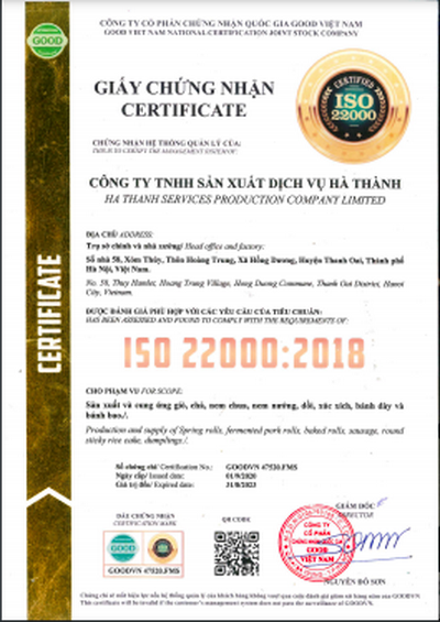 GIấy chứng nhận hệ thống quản lý ISO được đánh giá phù hợp với tiêu chuẩn ISO 22 000 : 2018 GIấy chứng nhận hệ thống quản lý ISO được đánh giá phù hợp với tiêu chuẩn ISO 22 000 : 2018