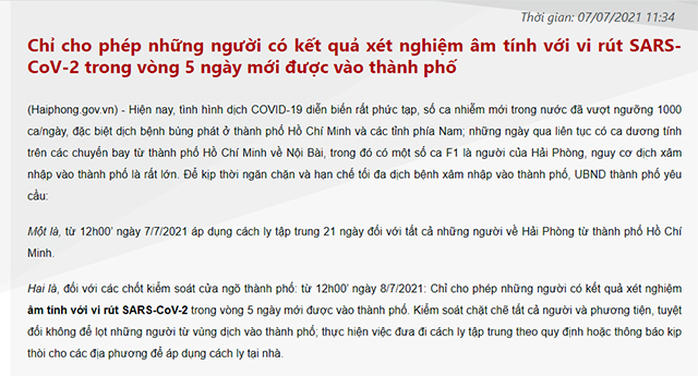 Quy định d&amp;ugrave;ng giấy x&amp;eacute;t nghiệm c&amp;oacute; gi&amp;aacute; trị 5 ng&amp;agrave;y của ch&amp;iacute;nh quyền th&amp;agrave;nh phố Hải Ph&amp;ograve;ng.