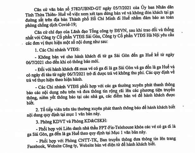 Một phần văn bản phối hợp giữa ng&amp;agrave;nh đường sắt v&amp;agrave; tỉnh Thừa Thi&amp;ecirc;n Huế về dừng b&amp;aacute;n v&amp;eacute; về Huế.