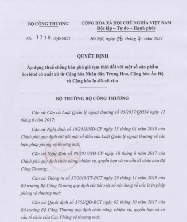 Quyết định số 1718/QĐ-BCT ng&amp;agrave;y 6/7/202