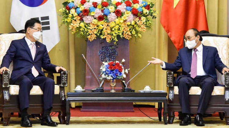 Chủ tịch nước gặp mặt Chủ tịch Hội người H&amp;agrave;n Quốc tại Việt Nam v&amp;agrave; một số tập đo&amp;agrave;n lớn H&amp;agrave;n Quốc/ Ảnh VOV