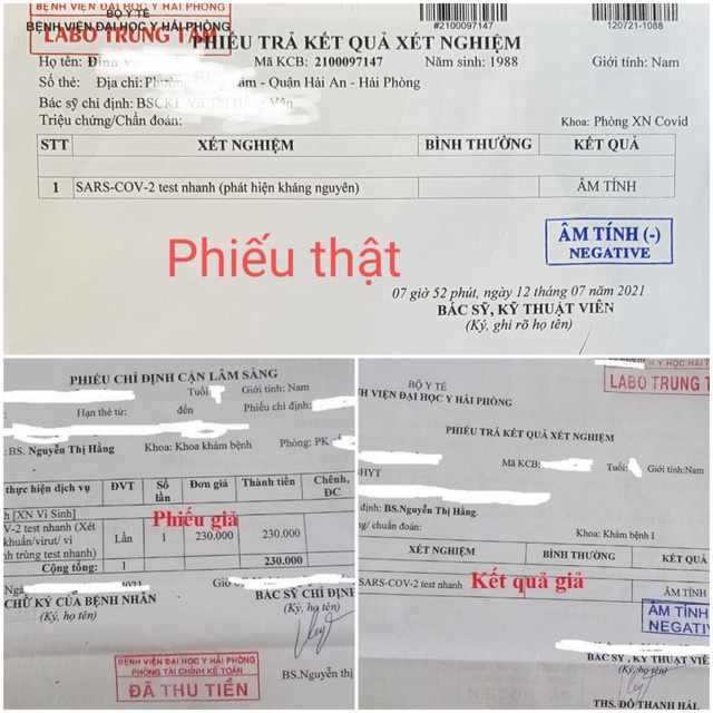 Kết quả x&amp;eacute;t nghiệm thật của Bệnh viện Đại học Y Hải Ph&amp;ograve;ng (ph&amp;iacute;a tr&amp;ecirc;n) v&amp;agrave; kết quả x&amp;eacute;t nghiệm giả mạo Bệnh viện Đại học Y Hải Ph&amp;ograve;ng (ph&amp;iacute;a dưới). Ảnh: TTXVN