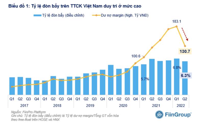 Biểu đồ thể hiện tỷ lệ đ&amp;ograve;n bẩy tr&amp;ecirc;n thị trường chứng kho&amp;aacute;n Việt Nam (Nguồn: FiinTrade)
