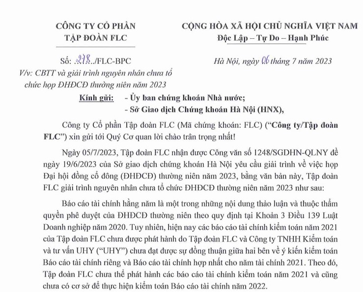 Văn bản giải tr&amp;igrave;nh của FLC
