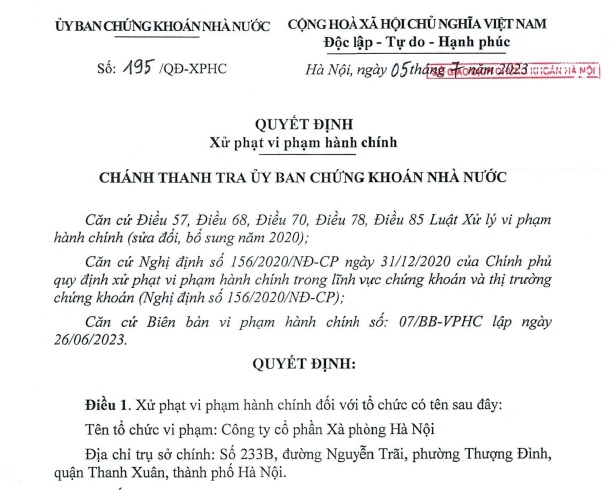 Quyết định xử phạt đối với C&amp;ocirc;ng ty CP X&amp;agrave; ph&amp;ograve;ng H&amp;agrave; Nội